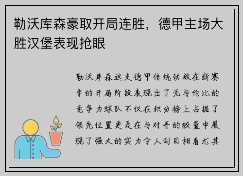 勒沃库森豪取开局连胜，德甲主场大胜汉堡表现抢眼