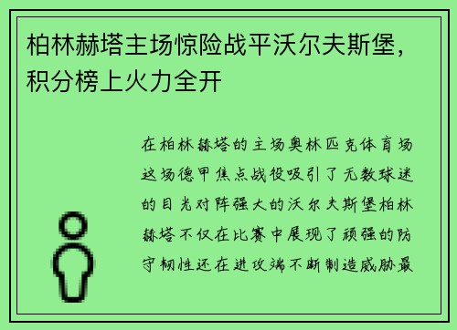 柏林赫塔主场惊险战平沃尔夫斯堡，积分榜上火力全开